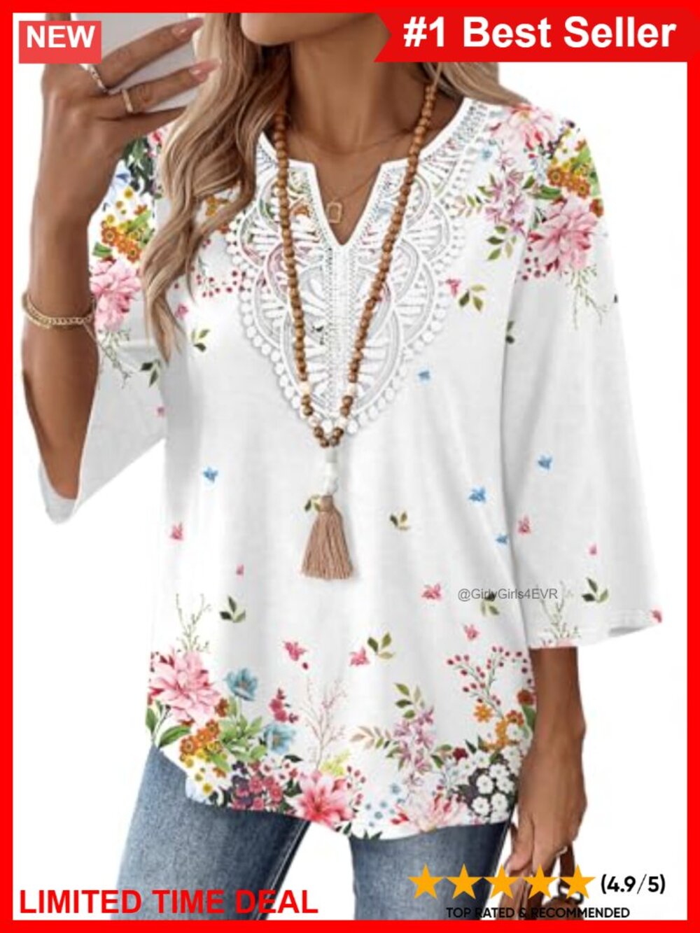 Womens 3/4 Sleeve V Neck Lace Boho Blouse Casual Tunic Top